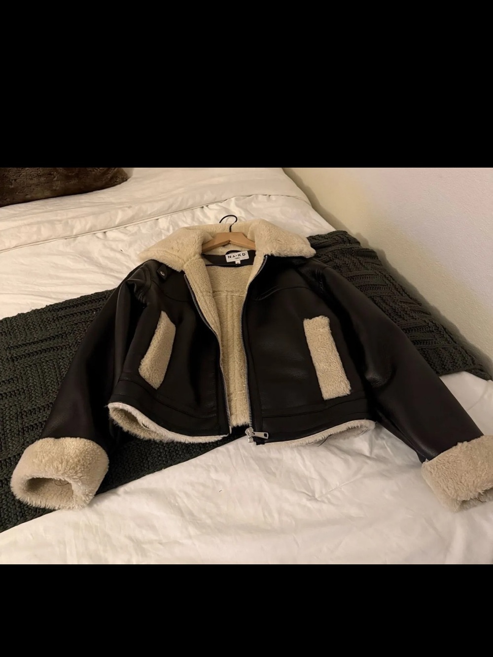 Black Faux Leather Sherpa-Trim Jacket by Zara